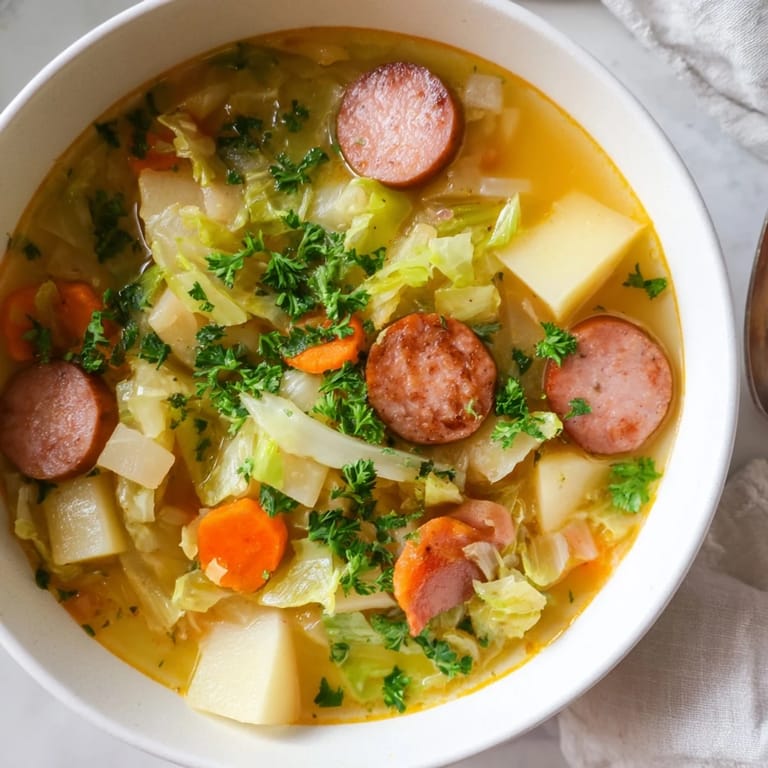 Close-up of Sausage, Potato and Cabbage Soup showing rich broth, soft potatoes, and chopped green cabbage, served with a side of crusty bread.