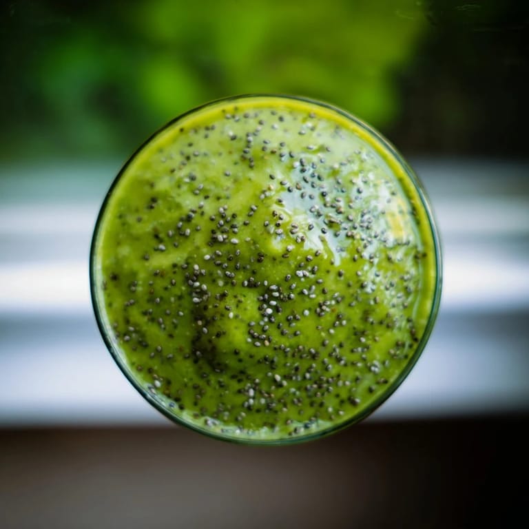 The green detox smoothie pours smoothly from a blender into two glasses, creamy from banana, bright with mint, and garnished with a leaf.