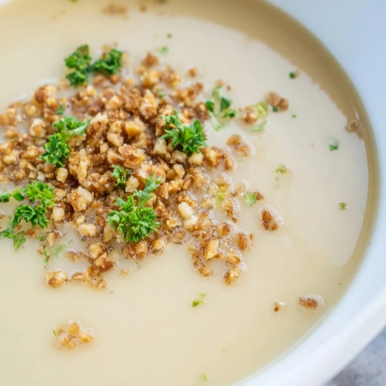 Velvety celeriac soup served hot, garnished with golden hazelnut crumble and fresh parsley.