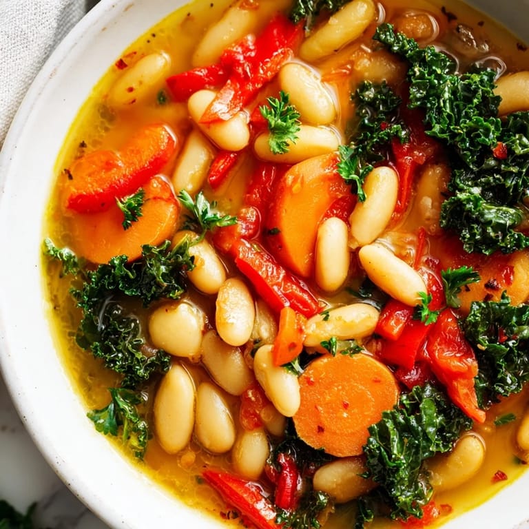 Hearty Mediterranean White Bean Stew ladled into rustic bowls, paired with crusty bread for dipping on a cozy dinner table.