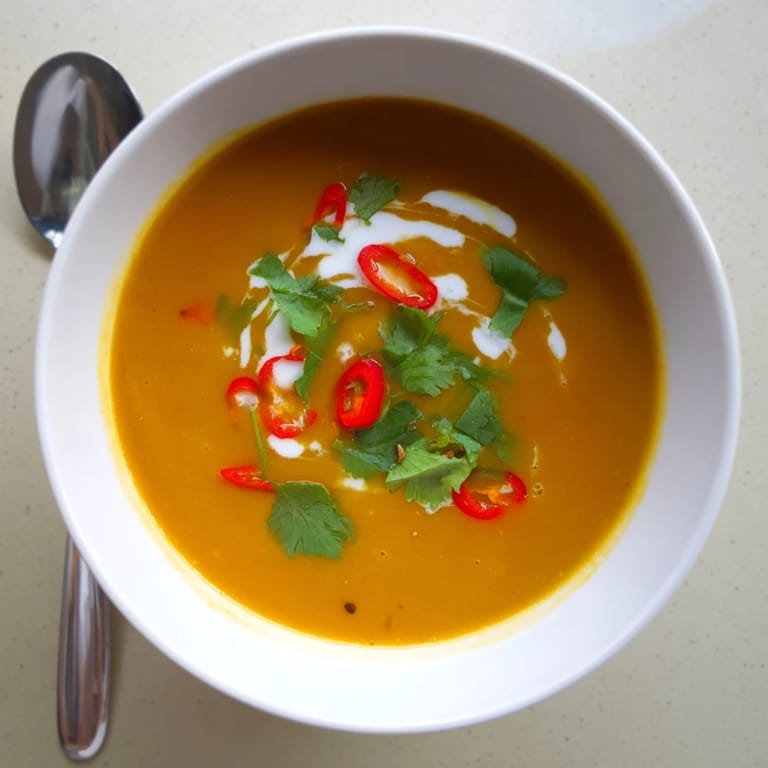 A close-up of blended Carrot, Celeriac, and Chilli Soup showing its vibrant orange hue and smooth, creamy texture.  
