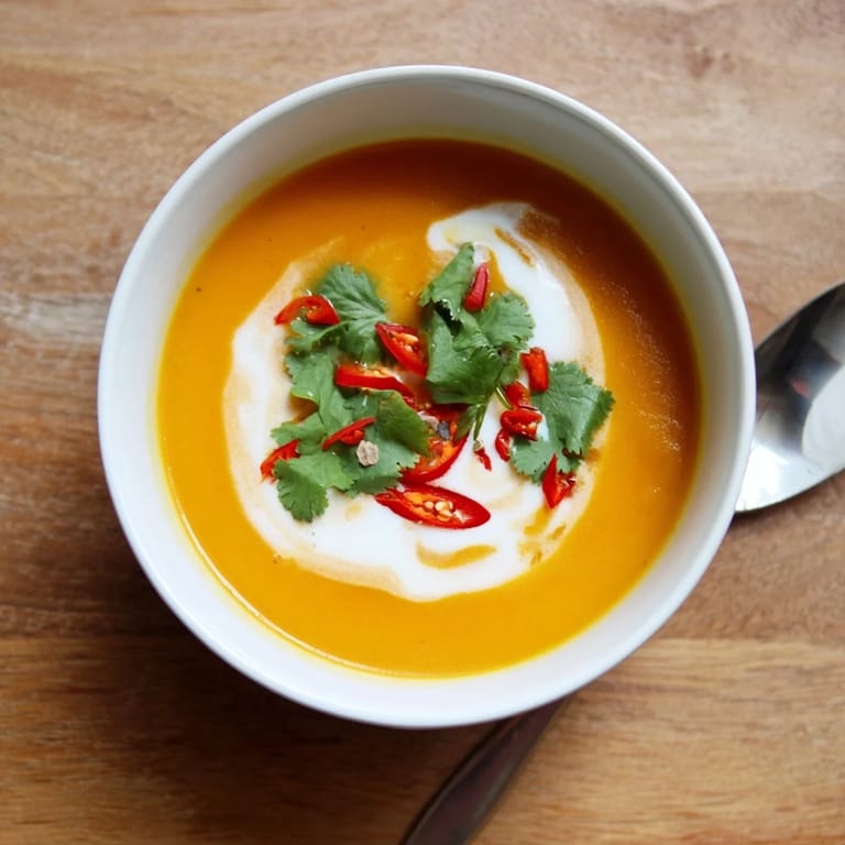 Serving suggestion for Carrot, Celeriac, and Chilli Soup with crusty gluten-free bread on a rustic wooden table.