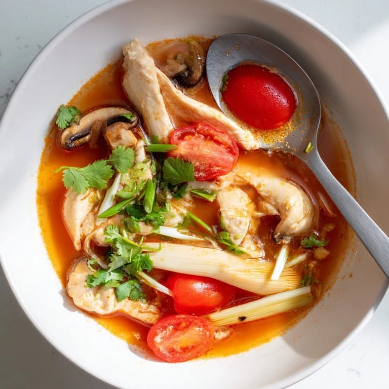 Close-up of Tom Yum Chicken soup in a rustic bowl, garnished with spring onions and cilantro, with lime wedges on the side.