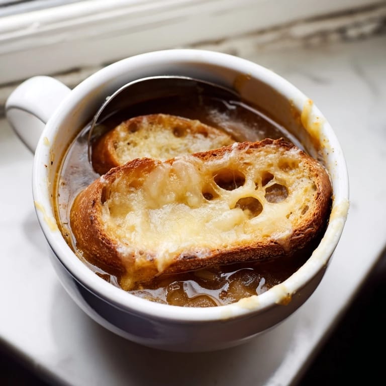 Overhead shot of a savory French onion soup garnished with fresh thyme, revealing the dark, sweet onion broth beneath a thick layer of bubbly, browned Gruyère.
