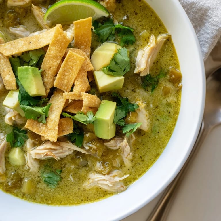 Close-up of Creamy Chicken Tortilla Soup featuring shredded chicken and creamy avocado in a rich broth.