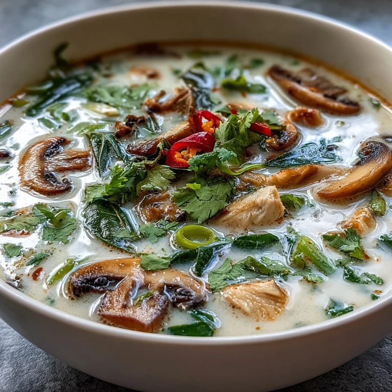 A spoon dips into a steaming bowl of Authentic Tom Kha Gai, revealing the aromatic broth infused with lemongrass, galangal, and coconut milk alongside tender chicken pieces.