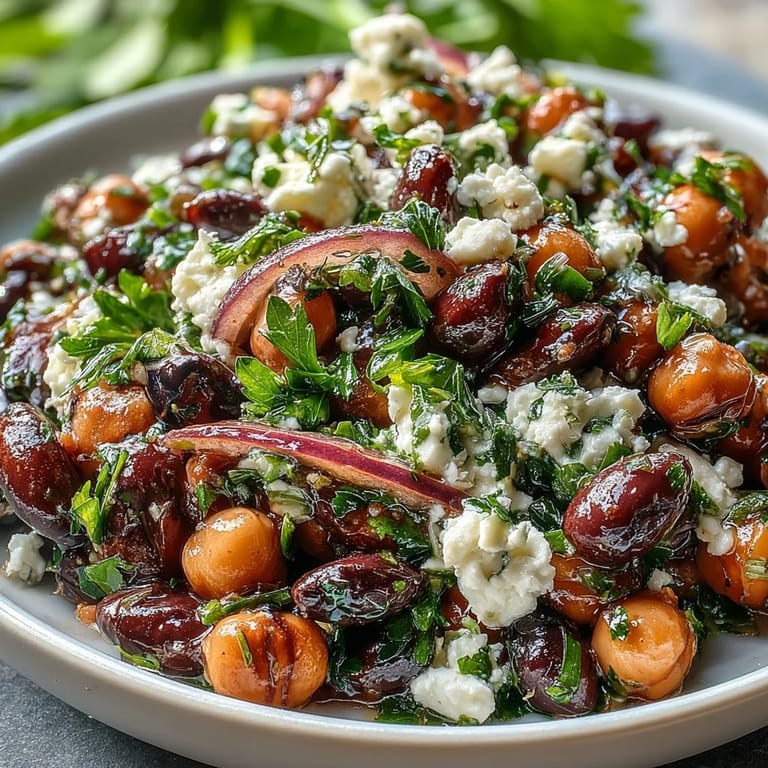 Colorful Divorce Salad marinated in olive oil and red wine vinegar, topped with crumbled feta and fresh parsley.