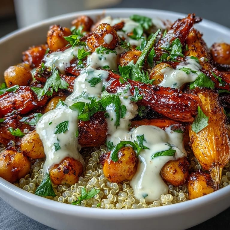 Healthy One-Pan Roasted Carrot and Chickpea Bowl showcases colorful roasted vegetables and crispy chickpeas in a vibrant, wholesome Mediterranean-inspired bowl.