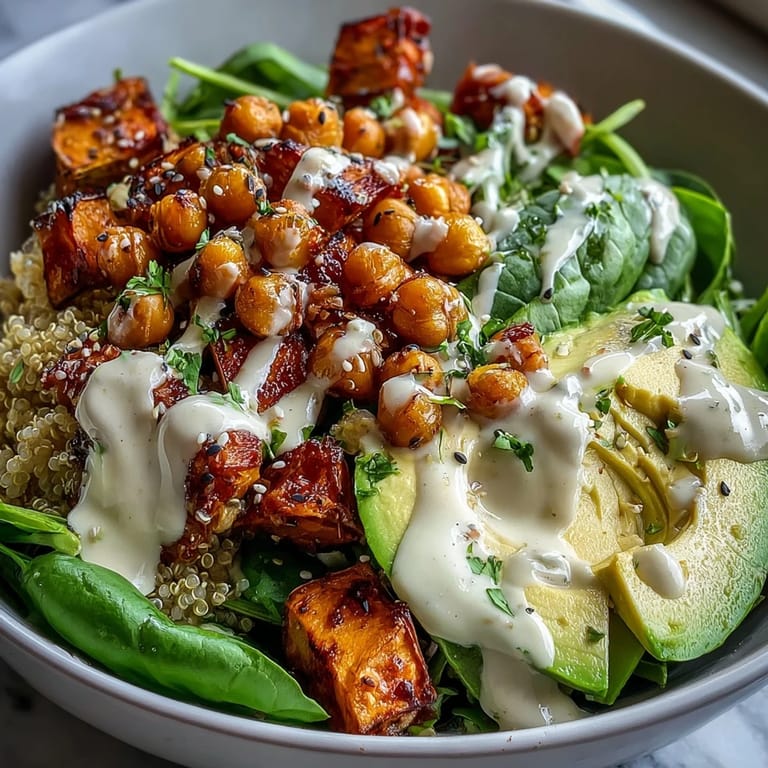 A nourishing Anti-Inflammatory Glow Bowl featuring turmeric-spiced chickpeas, fluffy quinoa, and bright lemon tahini yogurt sauce, ready to enjoy.