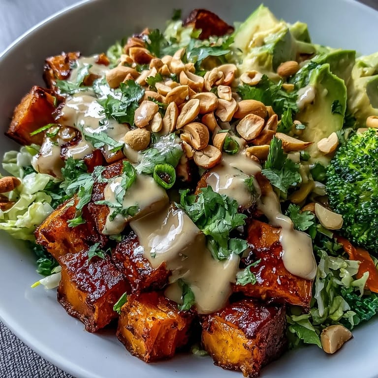 This nourishing Thai Peanut Sweet Potato Buddha Bowl features tender roasted roots, bright cabbage, and a creamy peanut dressing, served in a white bowl.