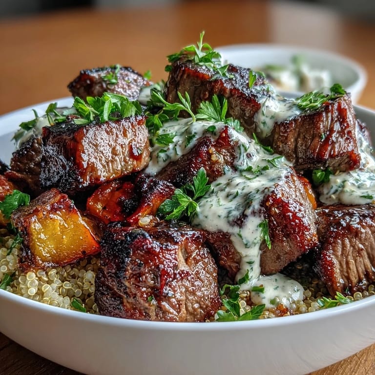 A close-up of Savory Butternut Squash & Garlic Herb Steak Bowls, highlighting juicy steak cubes, sweet roasted squash, and fresh parsley garnish.