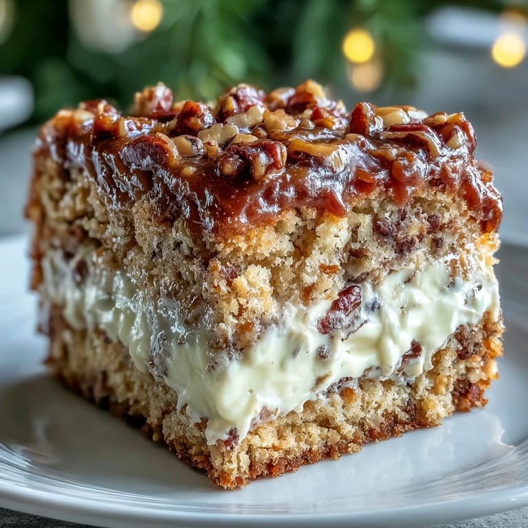 Festive Christmas Toffee Crunch Cake served on a holiday dessert table, drizzled with caramel sauce and garnished with fresh holly for a seasonal touch.  