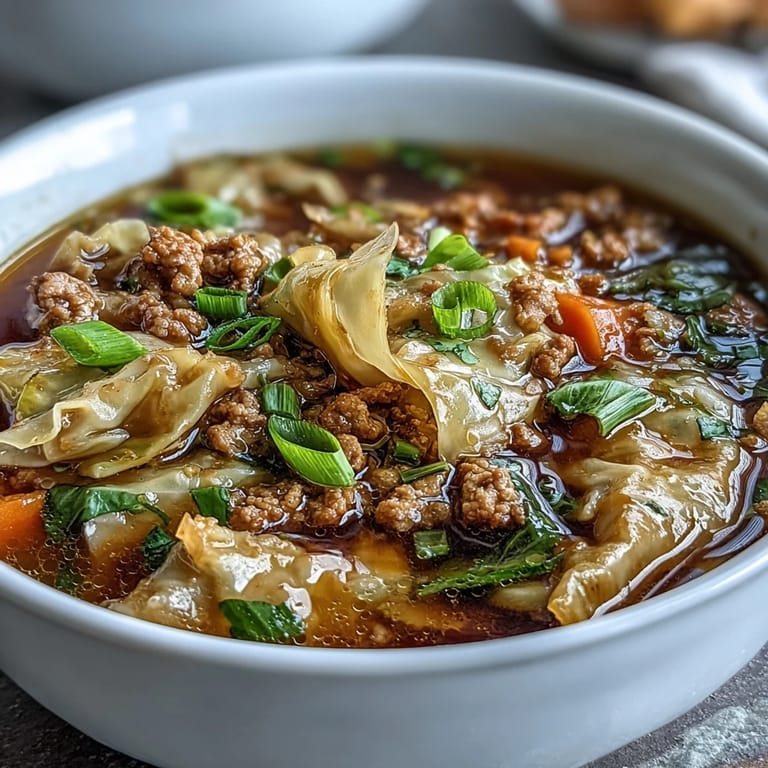 A comforting bowl of One-Pot Egg Roll Soup topped with green onions, ready for a cozy meal.