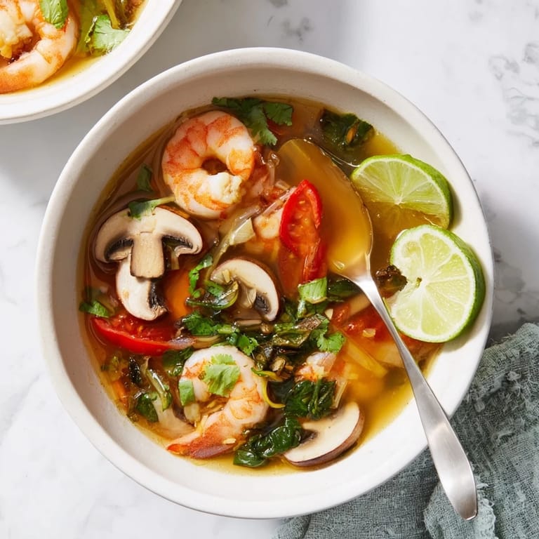 Hot Tom Yum Soup served with lime wedges, showcasing vibrant red broth and tender shrimp.