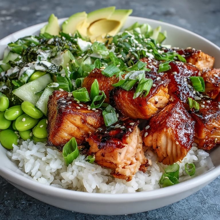 A colorful Salmon Rice Bowl, complete with creamy avocado and a spicy mayo drizzle.