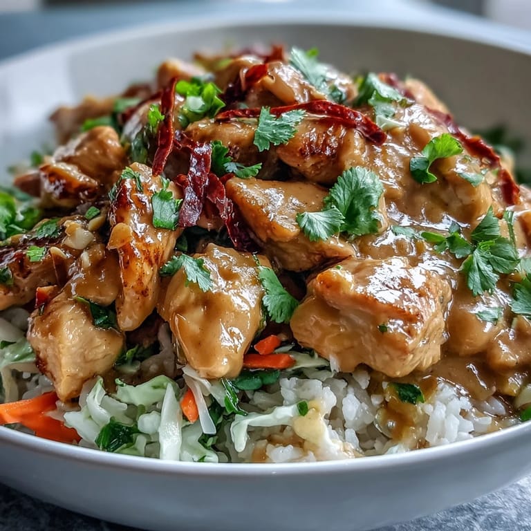 Savory Peanut Chicken Protein Bowl, showcasing tender chicken and fresh toppings on fluffy rice.