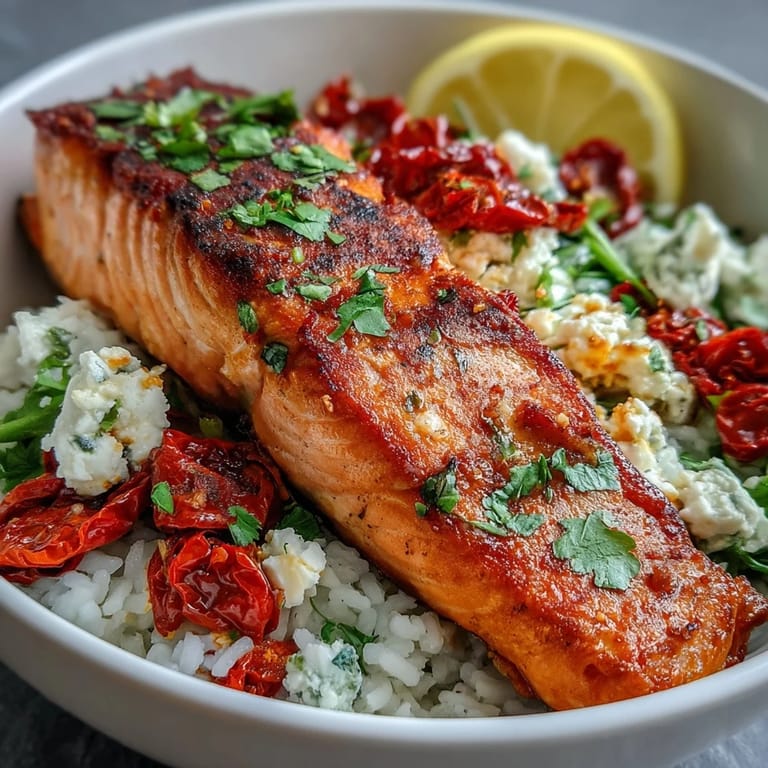 Crispy rice topped with flaky salmon and vibrant Mediterranean garnishes.