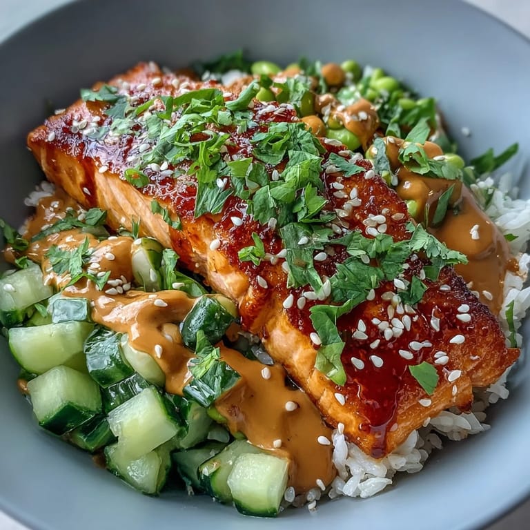 A quick and easy {{Bang Bang Salmon Bowl}} ready for a delicious weeknight dinner.