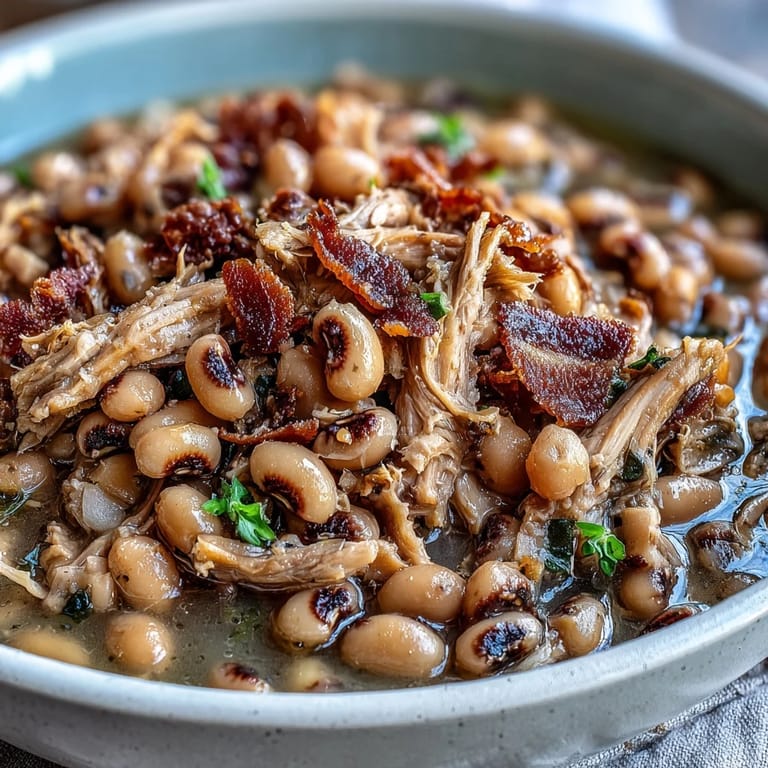 A savory ladle of Crock-Pot Black-Eyed Peas with Smoked Turkey served in a bowl with cornbread.