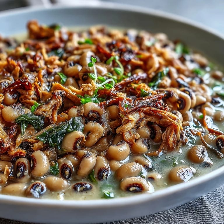 Slow cooker close-up of Crock-Pot Black-Eyed Peas with Smoked Turkey revealing shredded turkey and rich, smoky broth.