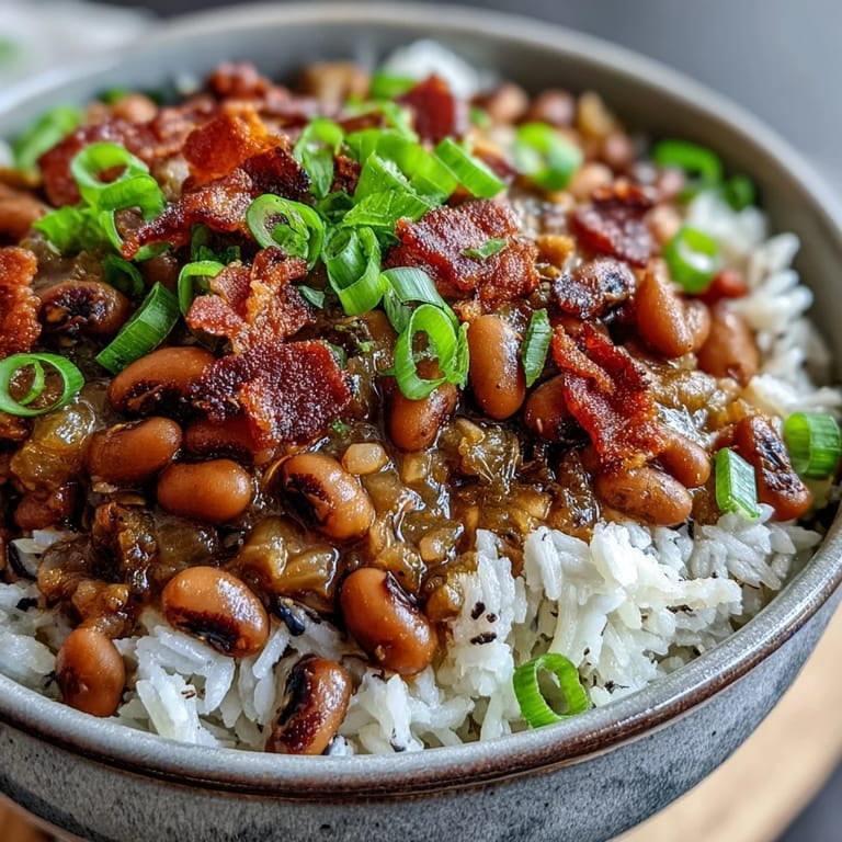 A hearty bowl of Southern Hoppin John, featuring tender black-eyed peas and savory smoky bacon garnish.