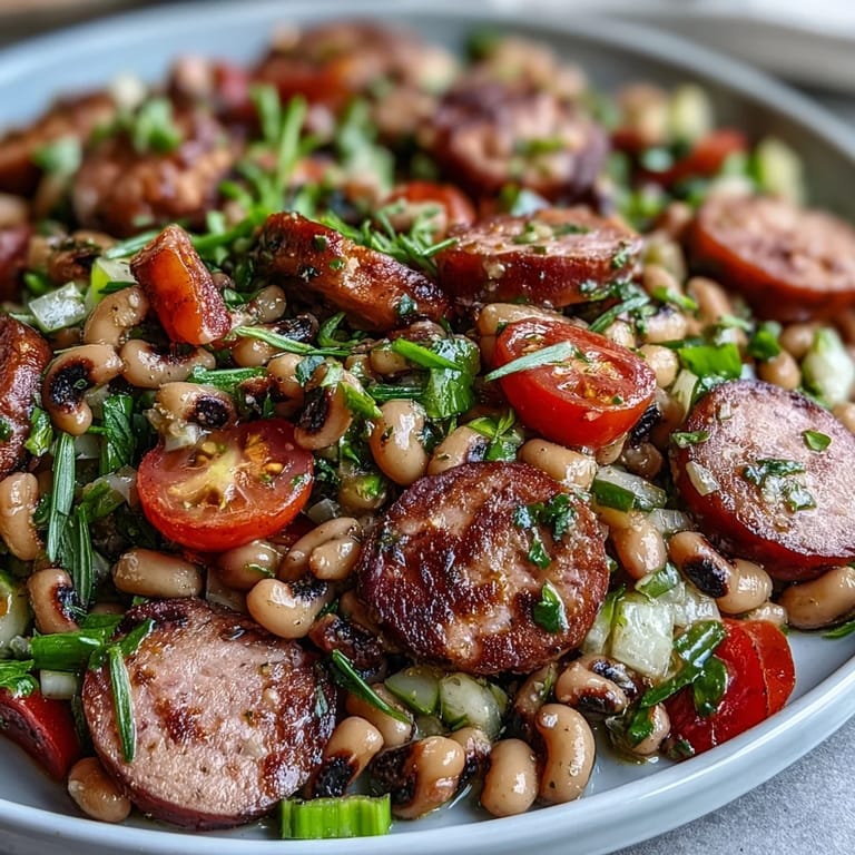 Fresh Hoppin John Style Black-Eyed Pea Salad with turkey sausage on greens, featuring red bell pepper and cherry tomatoes.