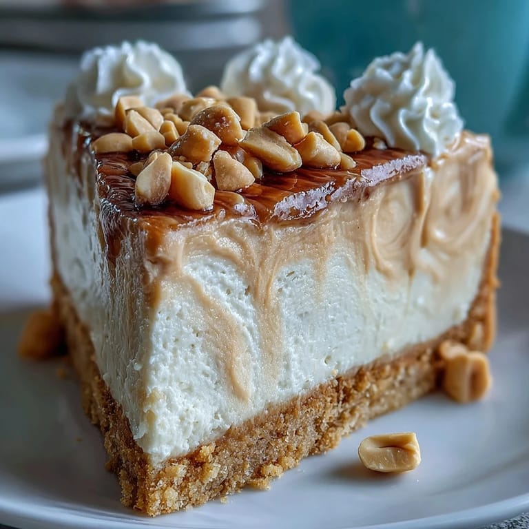 A hand lifts a bite of Nutter Butter Cheesecake from a plate, showcasing the fluffy whipped cream topping and crumbly peanut base.