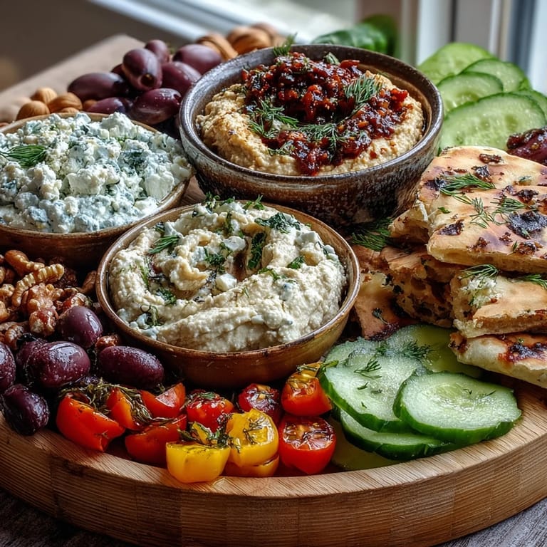 Overhead view of a Mediterranean Brunch Board with dips and flatbreads, displaying crumbled feta, kalamata olives, and crisp cucumber slices ready to share.