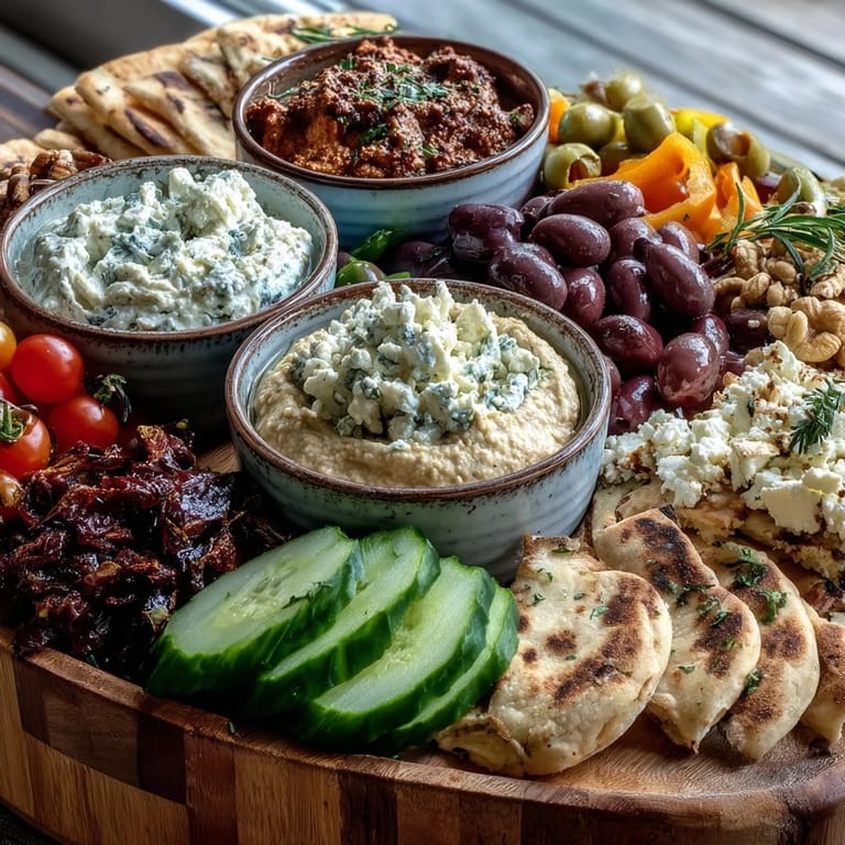 Scattered nuts and herbs garnish this Mediterranean Brunch Board with dips and flatbreads, offering a rustic appetizer spread for a Mediterranean-inspired meal.