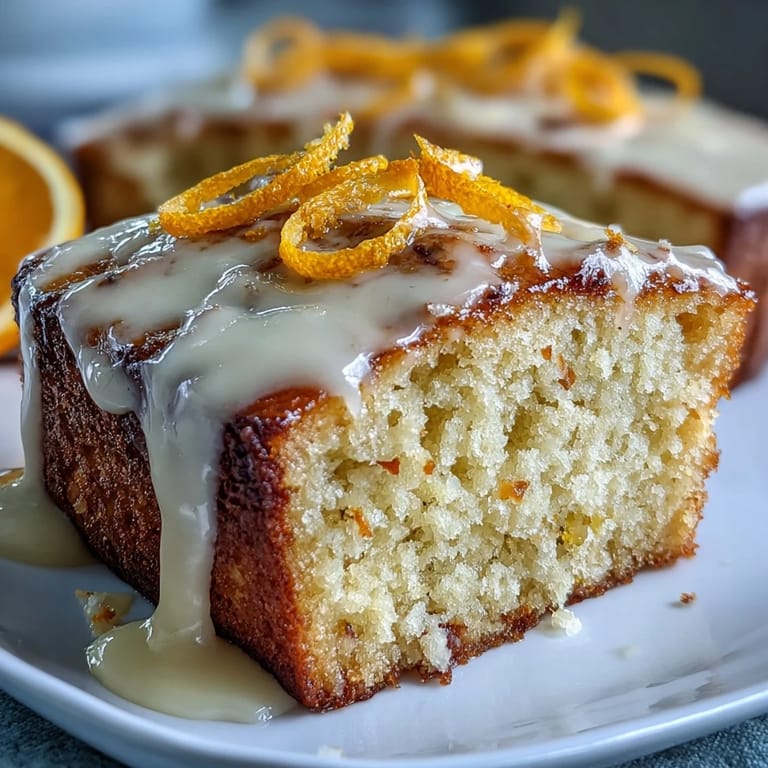 A dense crumb slice of Heavenly Blood Orange Yogurt Cake is served on a white plate with whipped cream.