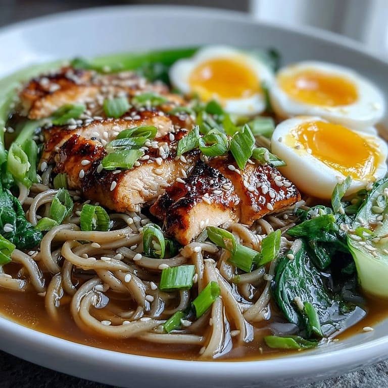 Chopsticks lifting noodles from Healthy Miso Chicken Noodle Bowls revealing sliced chicken and crisp vegetables in a warm broth.