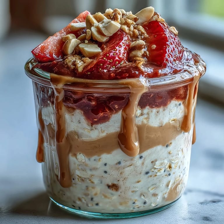 A clear view of High-Protein Peanut Butter & Jelly Overnight Oats topped with sliced strawberries and a rich peanut butter drizzle.