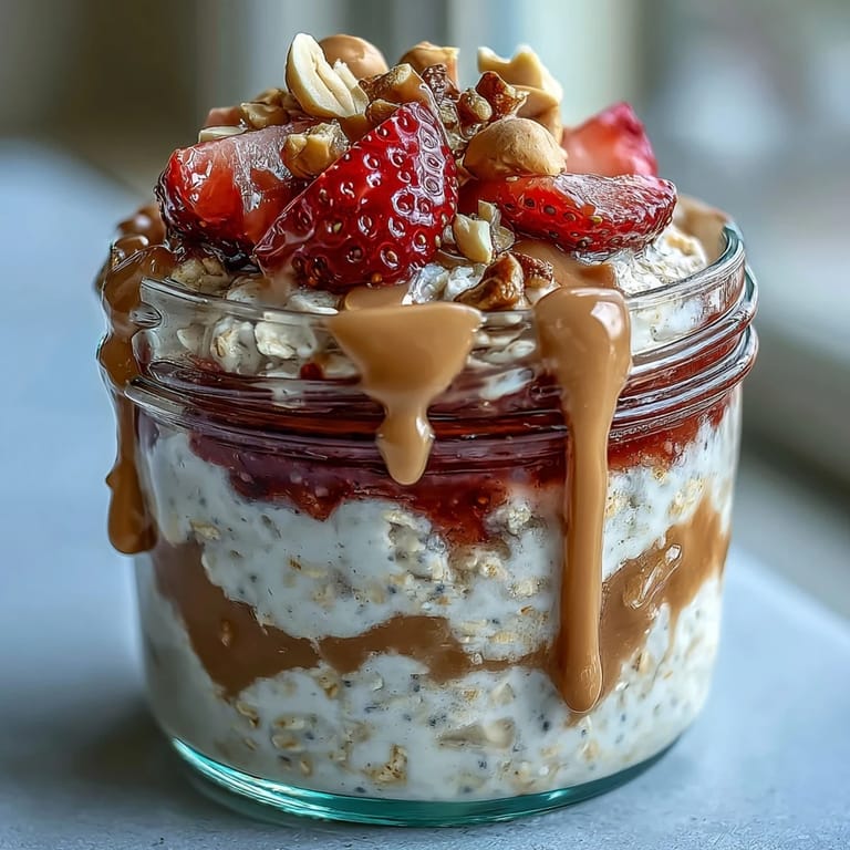 Breakfast prep featuring High-Protein Peanut Butter & Jelly Overnight Oats in jars, showing a swirl of homemade strawberry jam inside.