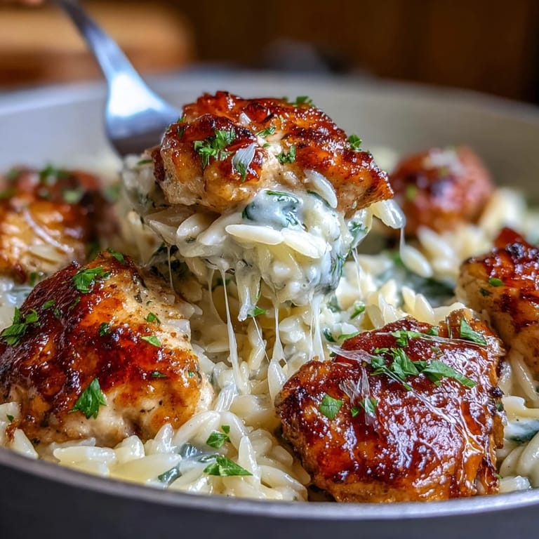 Juicy chicken and tender orzo with garlic-Parmesan cream sauce, served steaming from the skillet for weeknight comfort.