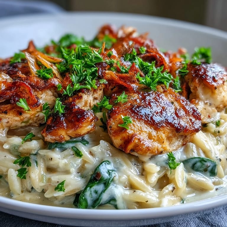 Skillet meal of creamy One-Pot Garlic Parmesan Chicken Orzo, with spinach and a side salad for dinner.