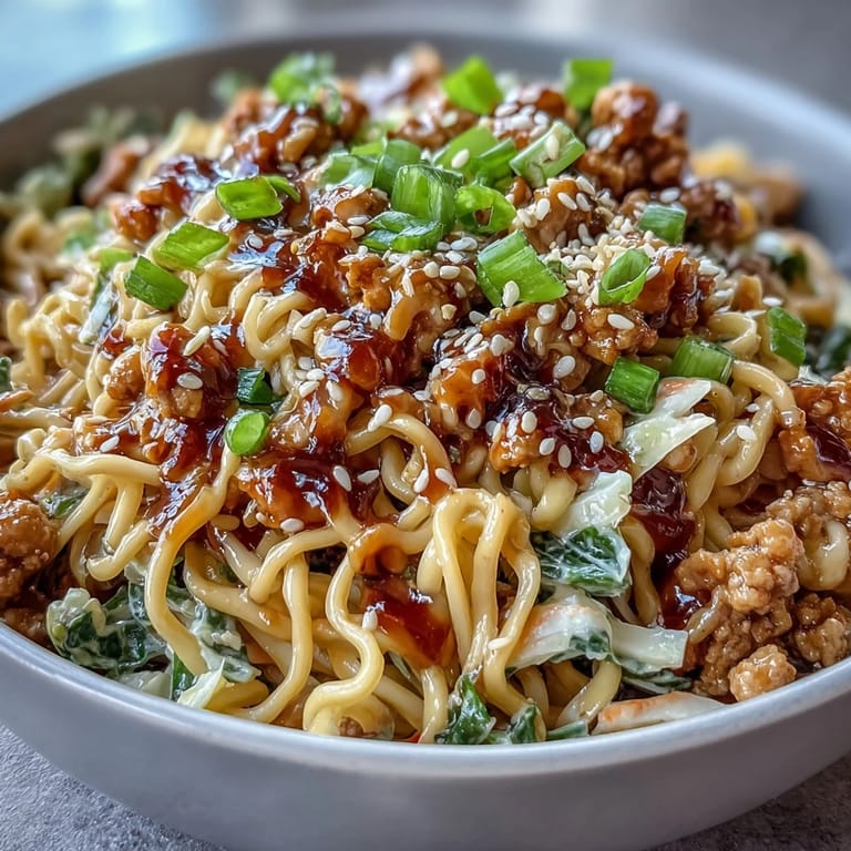 Quick Creamy Potsticker Noodle Stir-Fry twirled on a fork, showcasing saucy ramen noodles, sliced scallions, and a sprinkle of sesame seeds over a dinner plate.