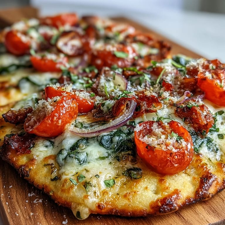 Sliced Crispy Garlic Parmesan Naan Pizza garnished with fresh basil, ready to serve.