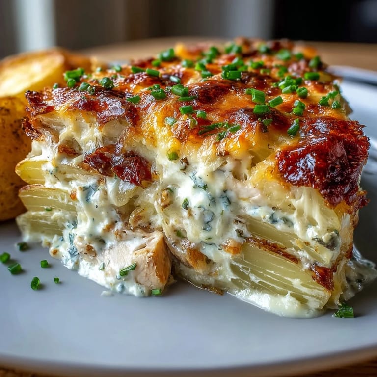 Sliced potatoes and juicy chicken in Creamy Ranch Chicken Potato Bake, topped with melted cheese and parsley garnish.