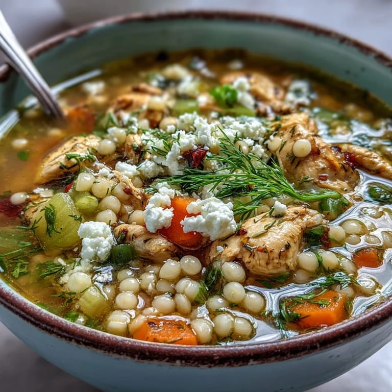 Ladle serving of Greek Chicken & Pearl Couscous Soup with carrots, couscous, and creamy feta.