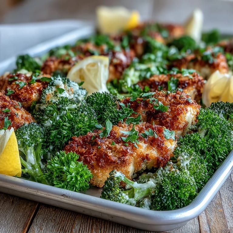 Roasted Crispy Parmesan Broccoli & Chicken Trays garnished with parsley and lemon wedges on the side.