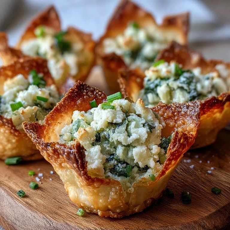 A close-up of Crispy Spinach Feta Wonton Cups on a platter, garnished with fresh herbs and a sprinkle of Parmesan.