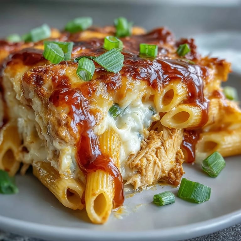Golden, cheesy Creamy Buffalo Ranch Chicken Pasta Bake served in a casserole dish with vibrant green onion garnish.