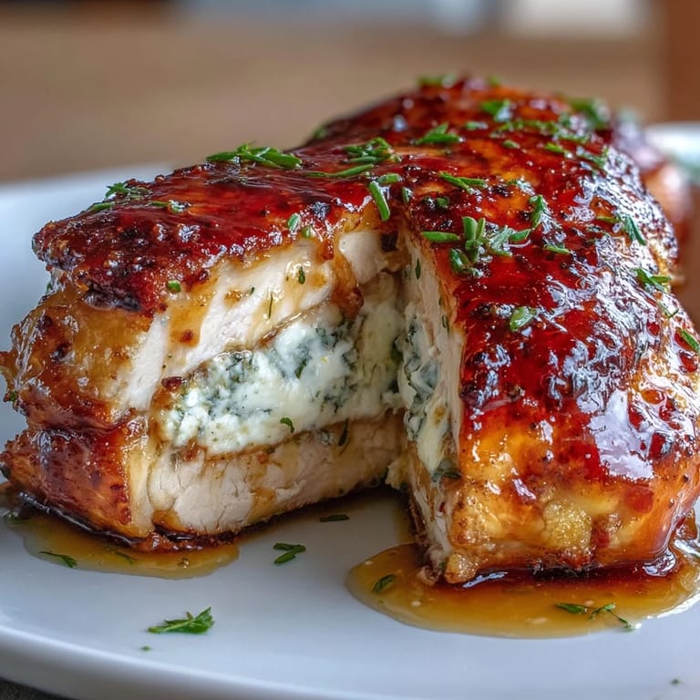 Freshly glazed Hot Honey Ricotta Stuffed Chicken garnished with chopped parsley and lemon wedges on a rustic wooden cutting board.