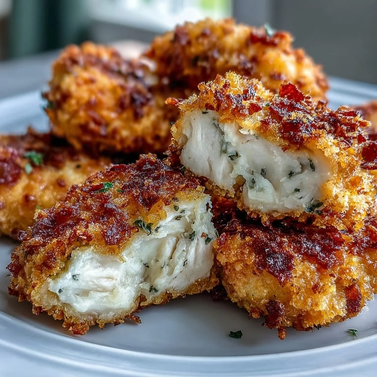 Crispy panko and Asiago coated chicken bites arranged on a platter with a side of marinara.