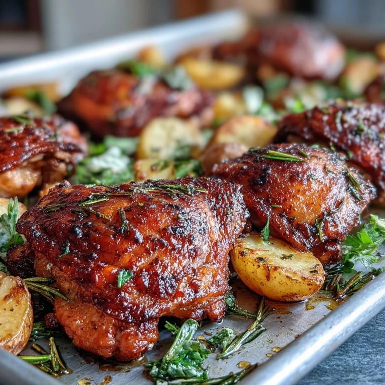Weeknight dinner of Crispy Ranch Sheet Pan Chicken & Veggies featuring juicy chicken thighs and caramelized carrots.