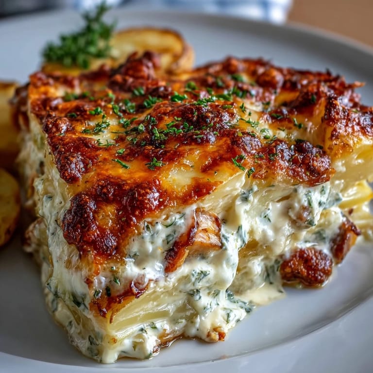 Sliced Yukon Gold potatoes and seasoned chicken cubes layered in a 9x13 dish for a rich ranch chicken potato bake.