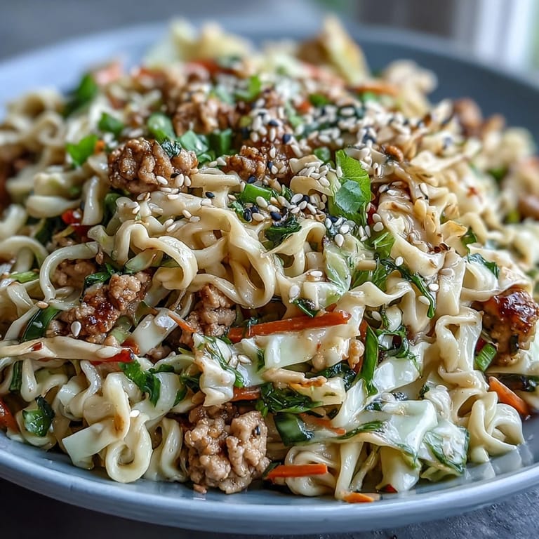 A steaming skillet of Creamy Potsticker Noodle Stir-Fry features tender ramen noodles, sautéed turkey, and shredded cabbage coated in a savory, peanut-infused sauce.
