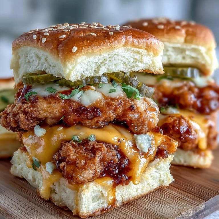 Close-up view of a Spicy Honey Butter Chicken Sandwich Bake serving, showcasing juicy breaded chicken, gooey cheddar, and a drizzle of hot honey butter on warm buns.