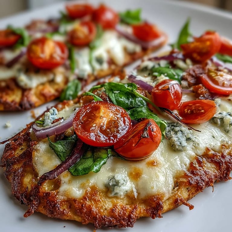 Close-up of Crispy Garlic Parmesan Naan Pizza with melted cheese, cherry tomatoes, and spinach.
