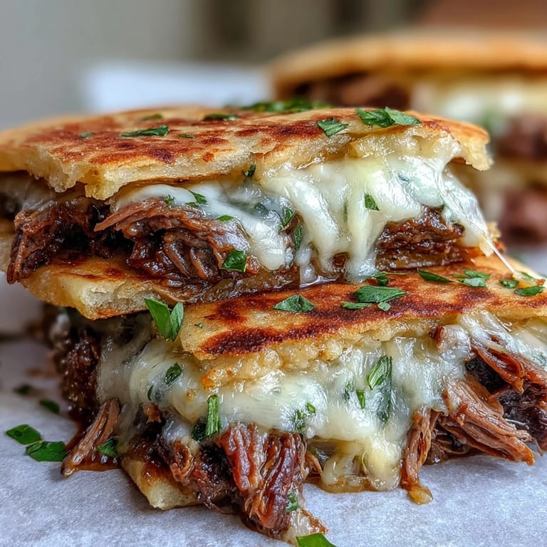 Golden broiled naan encases savory slow-cooked beef and melted cheese, ready to be dipped in a rich beef jus.